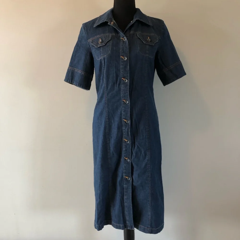 Women's Vintage FDJ French Dressing Blue Denim Button Front Midi Dress size 6 - Picture 1 of 10